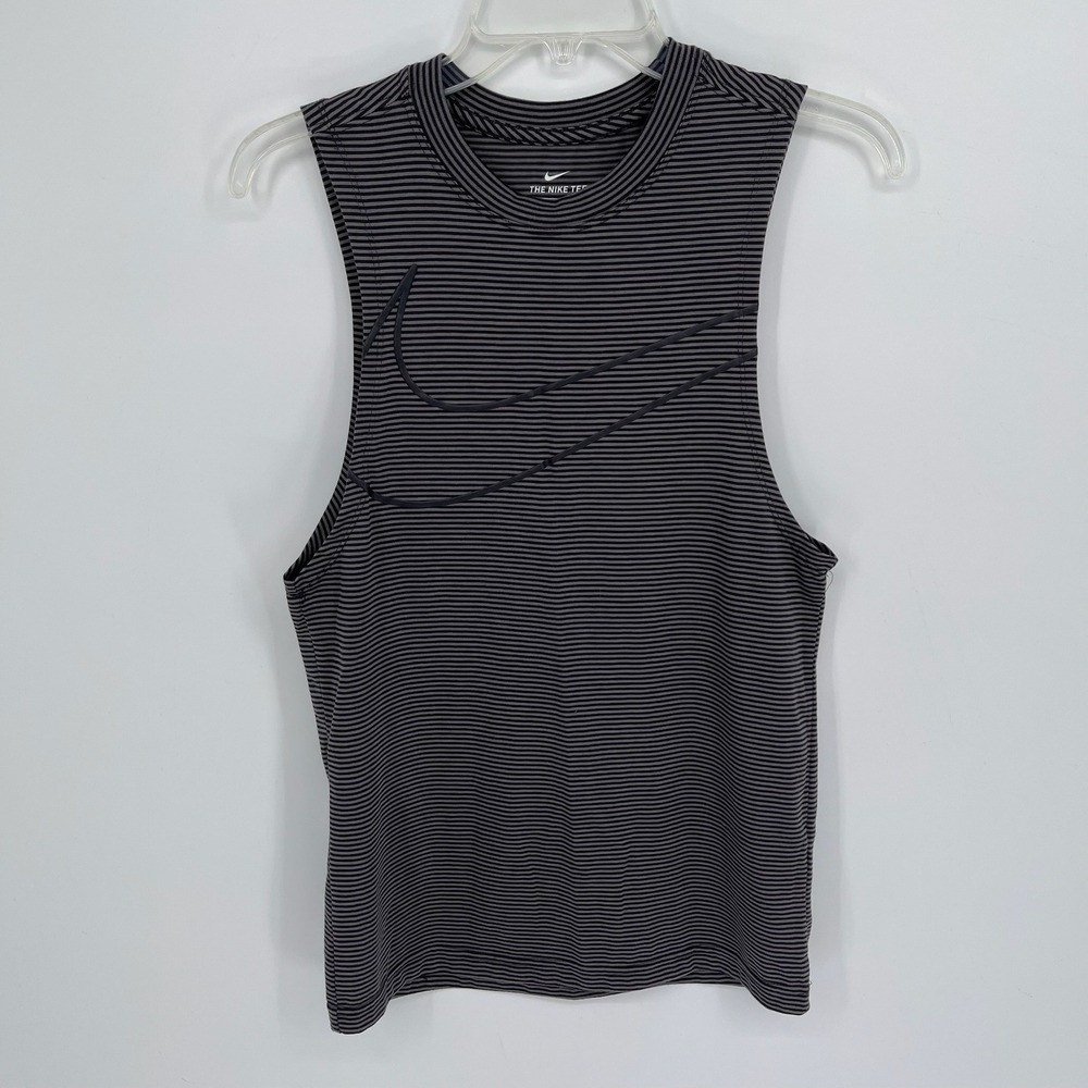 Nike Women's Gray Striped Dri-Fit Big Swoosh Workout Gym Muscle Tank Top Size XS